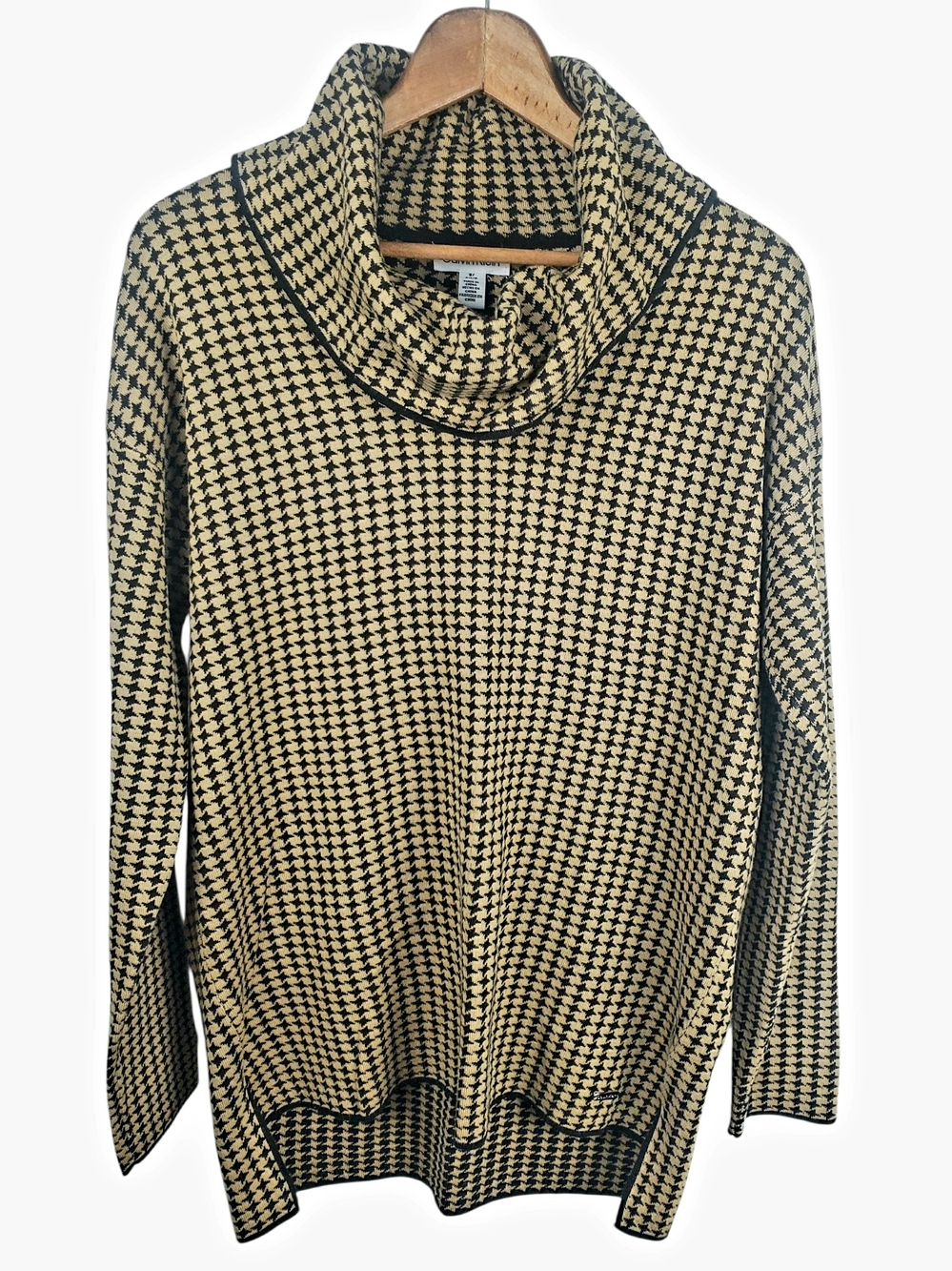 Calvin Klein Houndstooth Cowl Neck Knit Sweater Tan Black Small. #367
